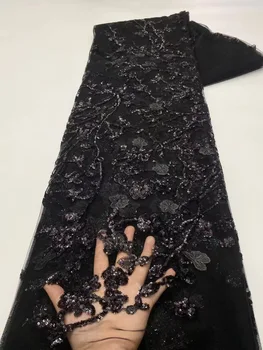 Black Nigérijský Oka Flitrami Čipky Textílie 2023 Kvalitné Luxusné 3D Nášivka Výšivky, Čipky Textílie Pre Svadobné Svadobné Šaty Šiť