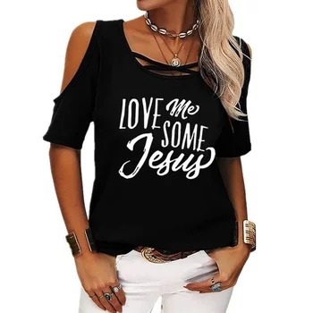 Milovať Ježiša Krátke Rukávy Mimo Ramenný Tlač Ženy Príležitostné Letné Tričko Dievča 2022 Tee Tričko Voľné Top T-Shirt