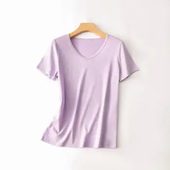 J040 Cool tričko V-neck ženy s farbou base tričko-krátke rukávy ženy mercerized bavlna top dámske tričko